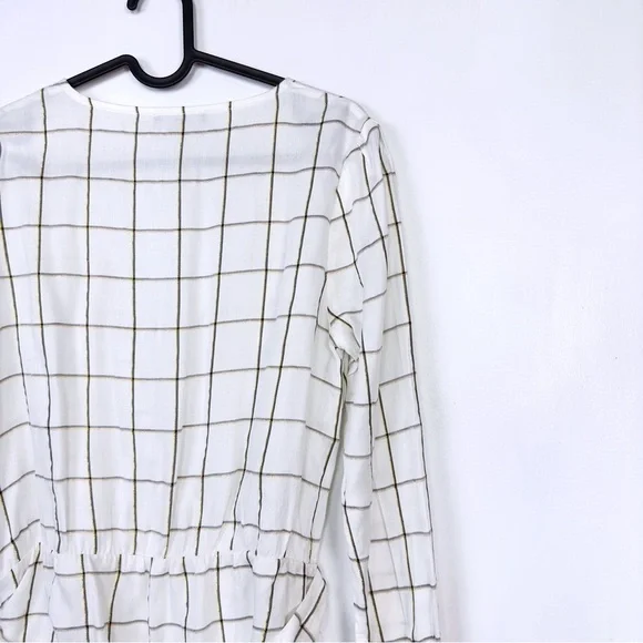 FRNCH Women’s Window Pane Plaid Print Wrap Long Sleeves V- Neck Top White Size M - Picture 9 of 11